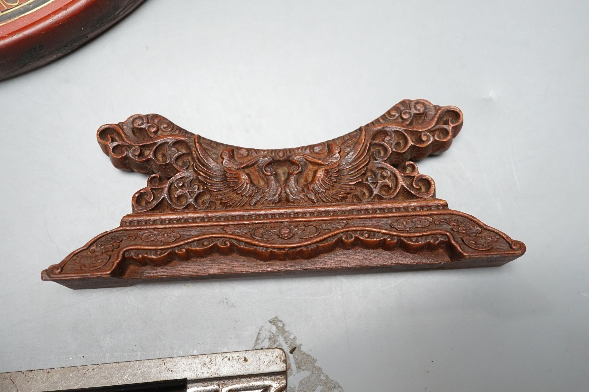 A Chinese applique work panel, a bamboo brushpot, 18cm, lacquer tray, inlaid boxwood table screen, covered box and two carvings